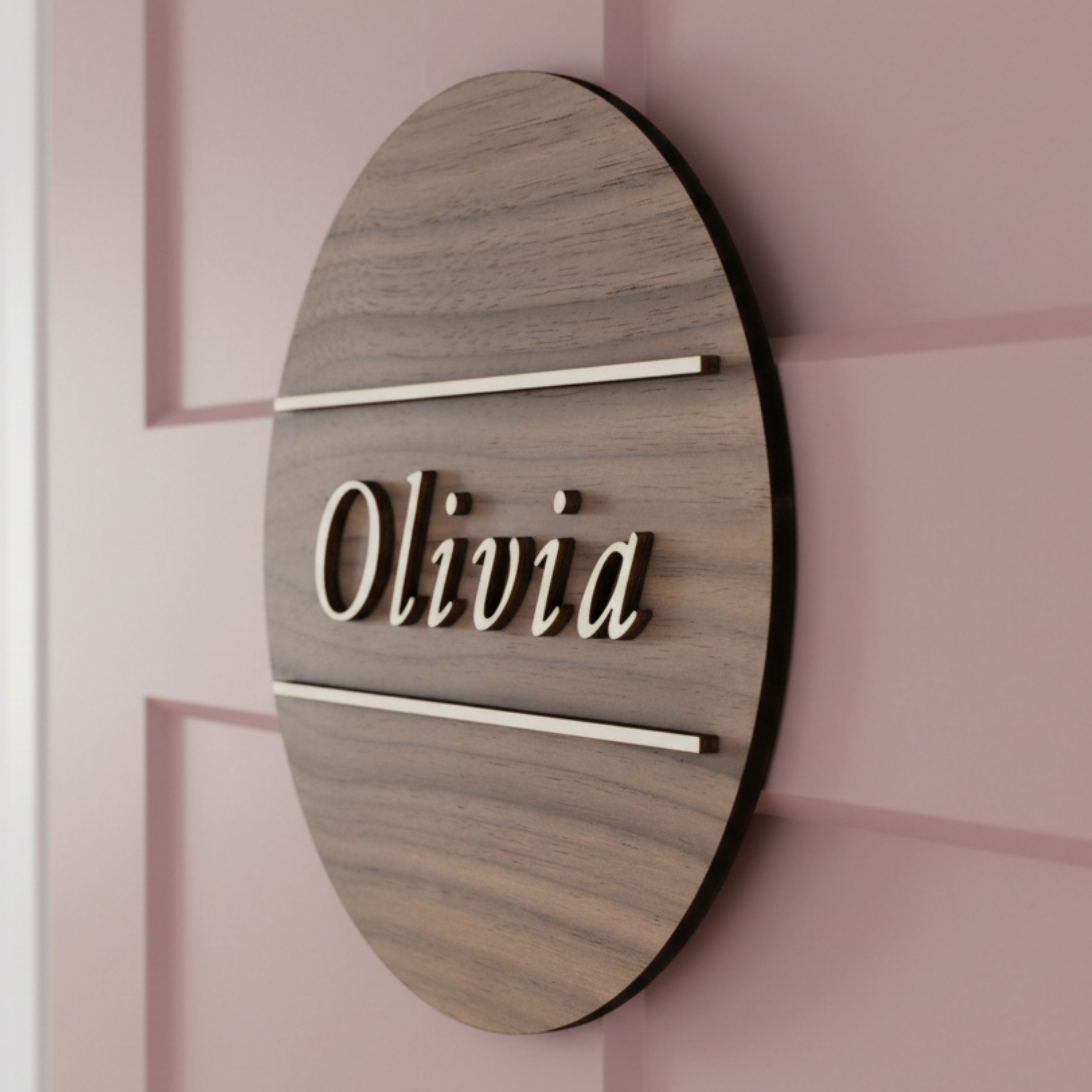 Personalised Round Door Plaque – Walnut or Oak Veneer
