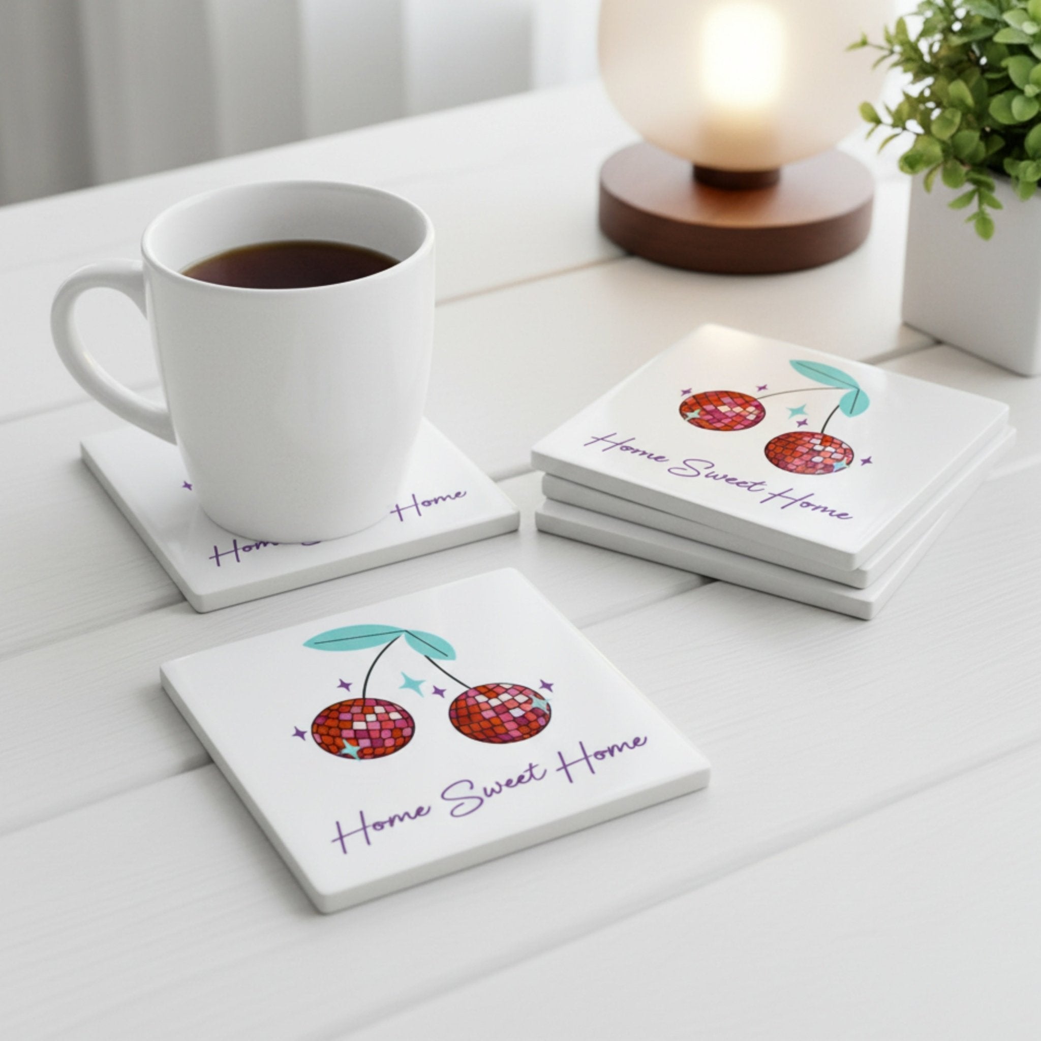 Personalised Disco Cherry Ceramic Coaster – Set of 2 or 4 - Mac and Lilly