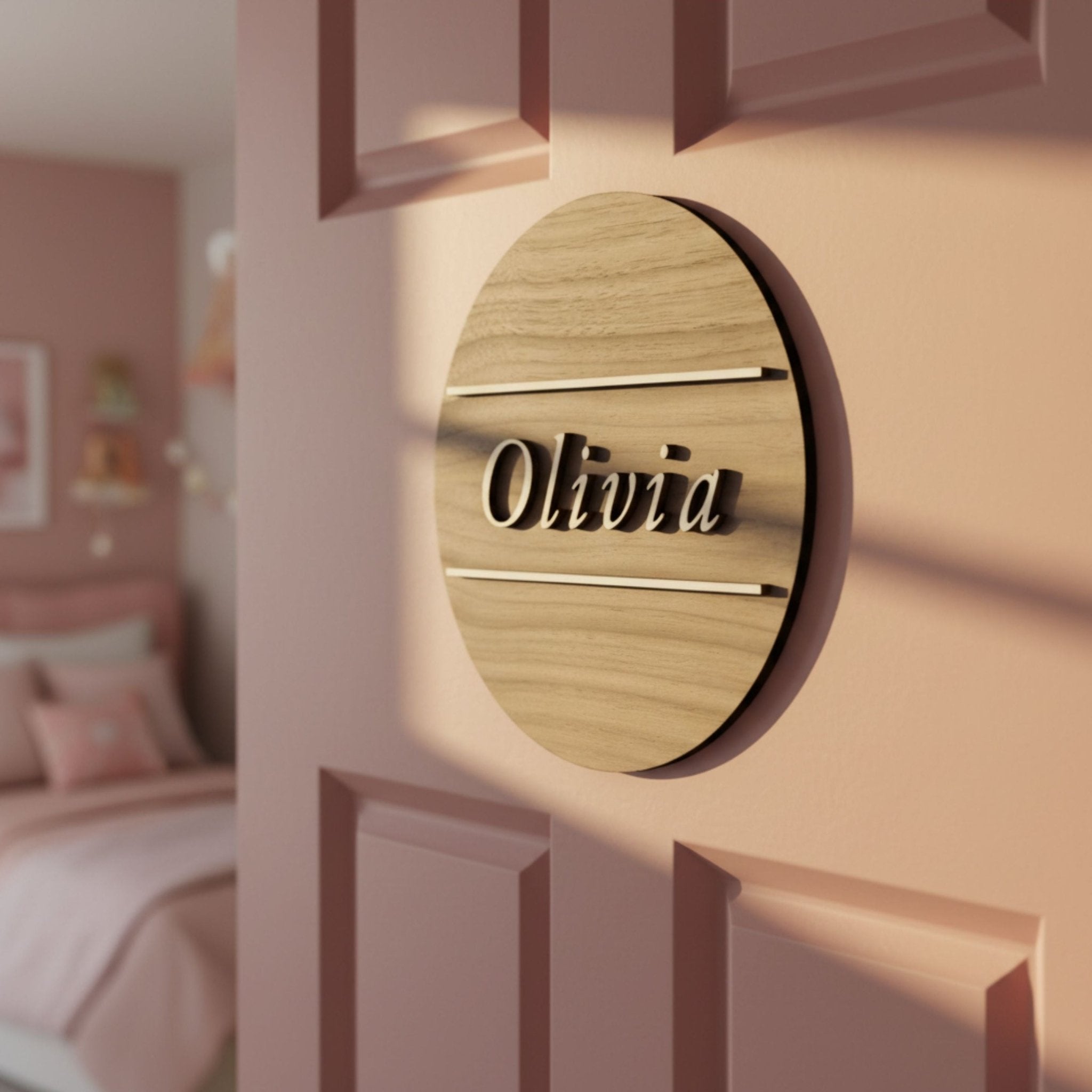 Personalised Round Door Plaque – Walnut or Oak Veneer - Mac and Lilly