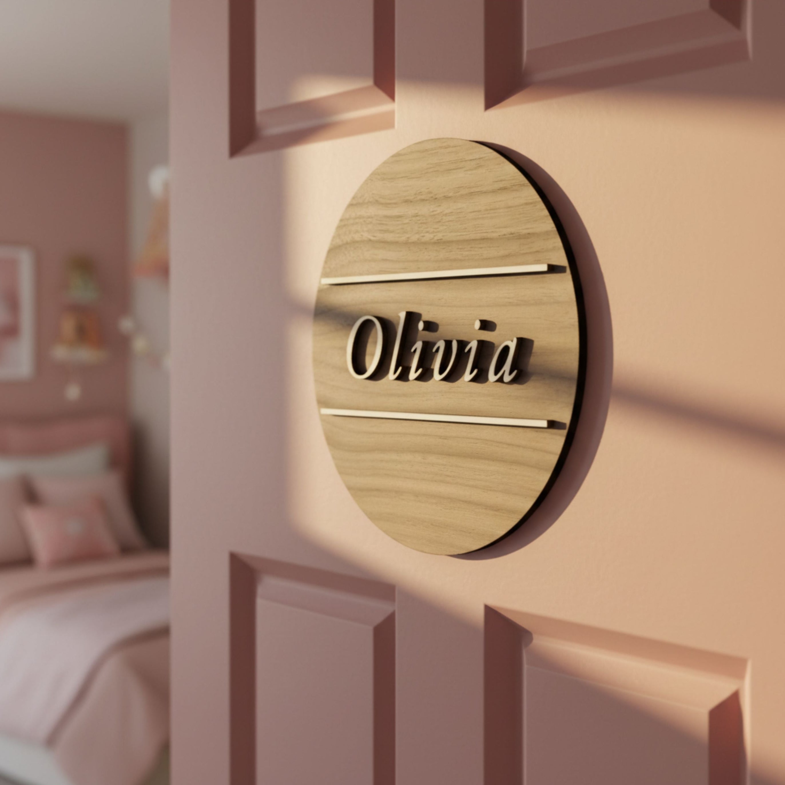 Personalised Round Door Plaque – Walnut or Oak Veneer