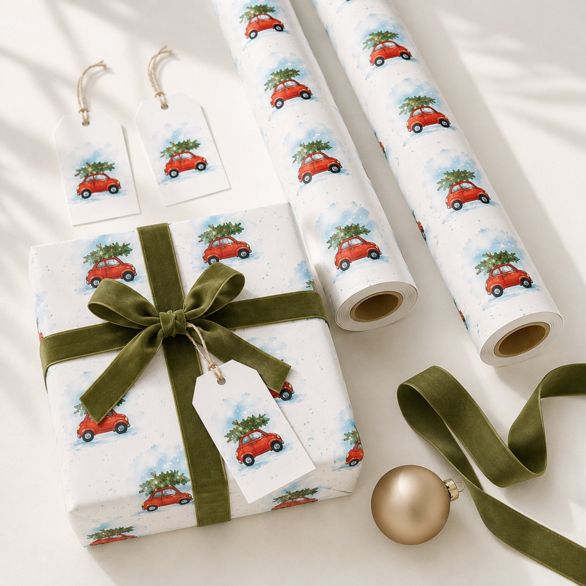 Christmas gift wrapped in Driving Home for Christmas paper with olive green velvet ribbon