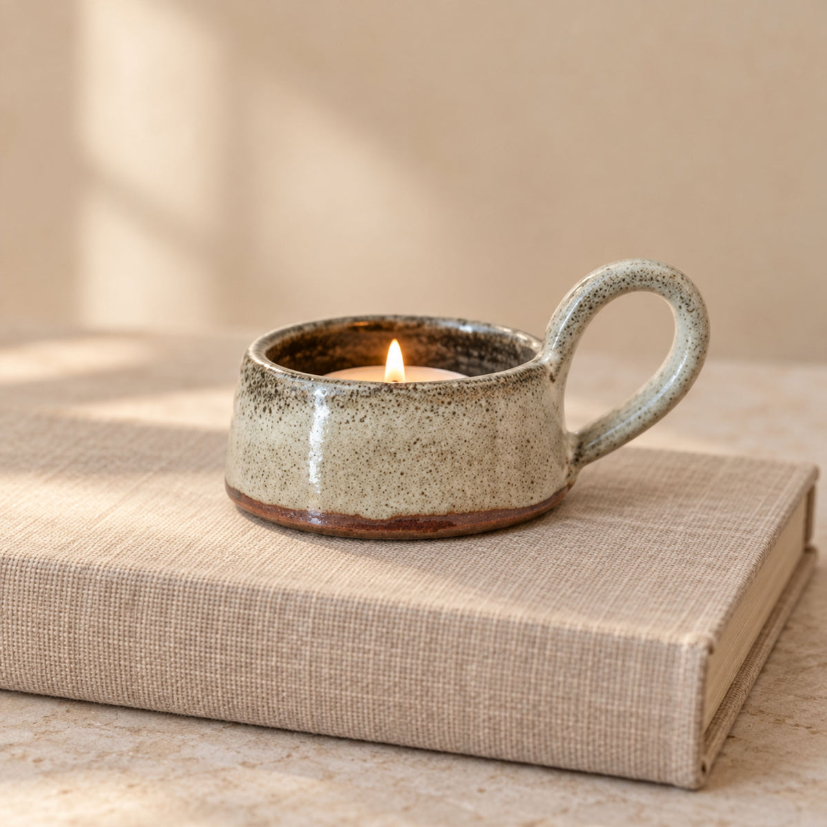 Ceramic Glazed Tea Light Holder with a Handle