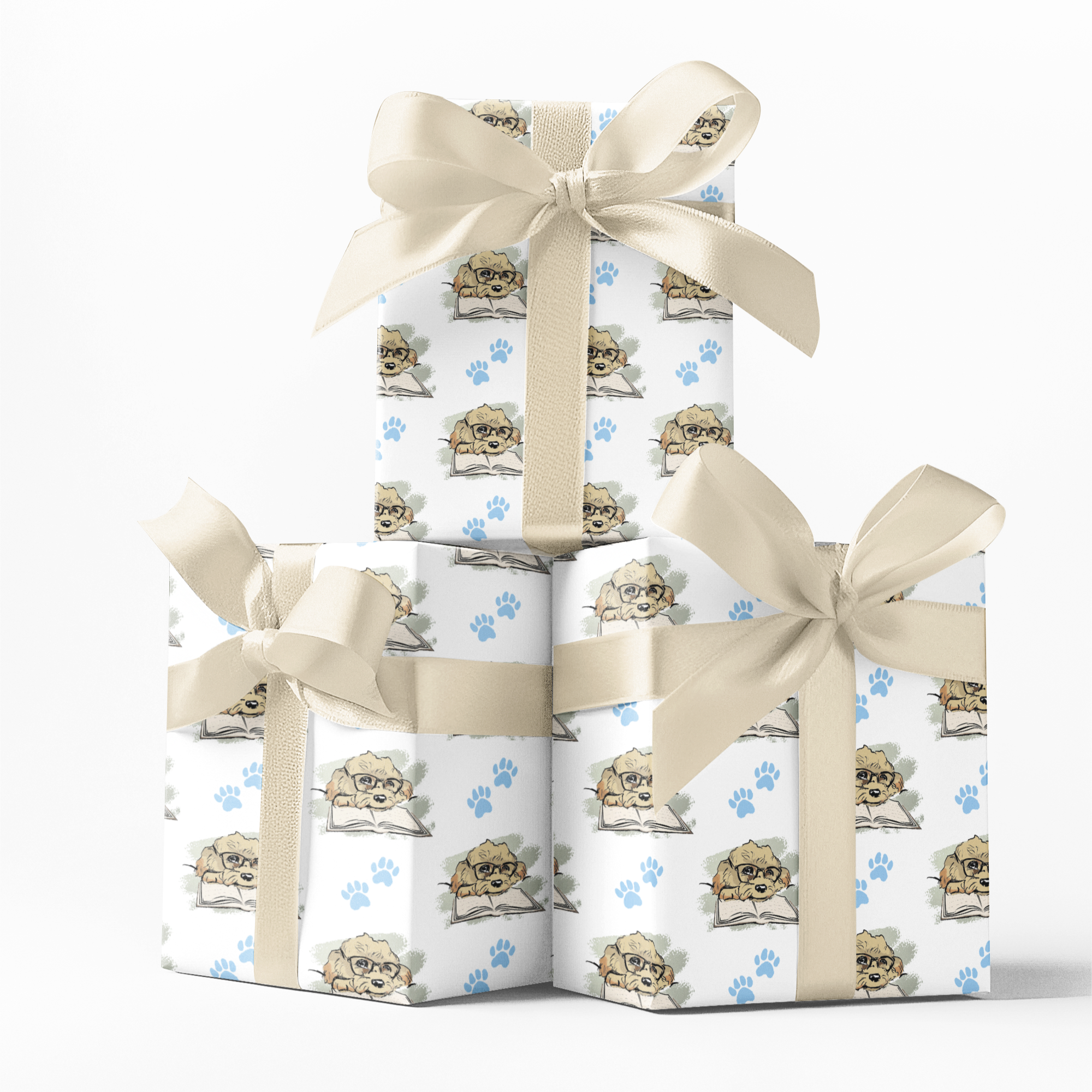doodle dog gift wrapping paper with blue paws detail 