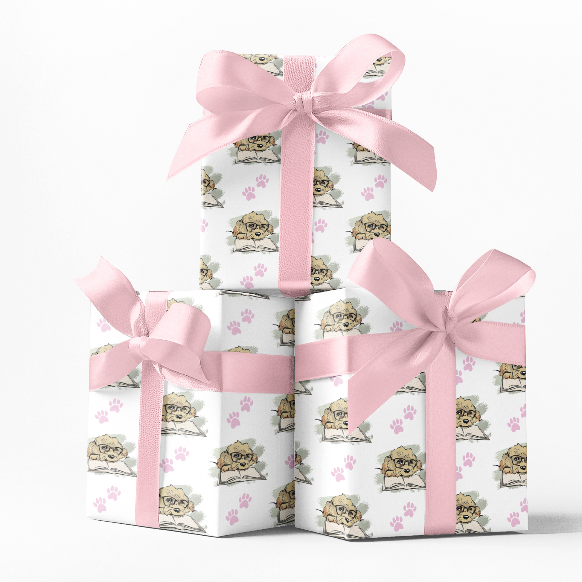 Three stacked gift boxes with cavapoo image and pink paws