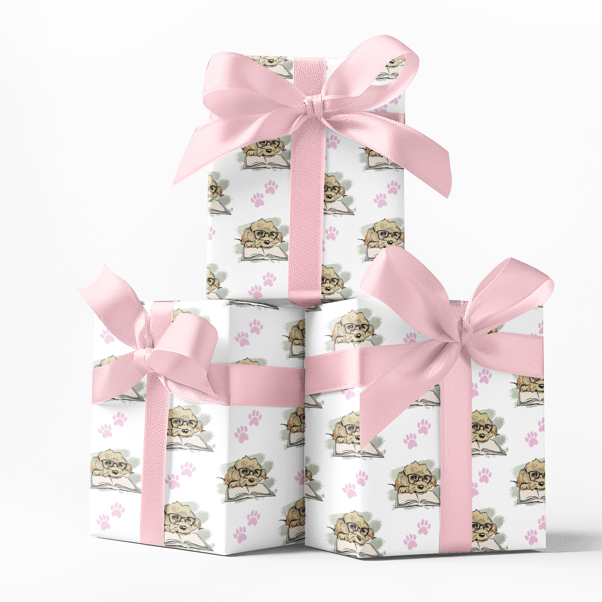Three stacked gift boxes with cavapoo image and pink paws