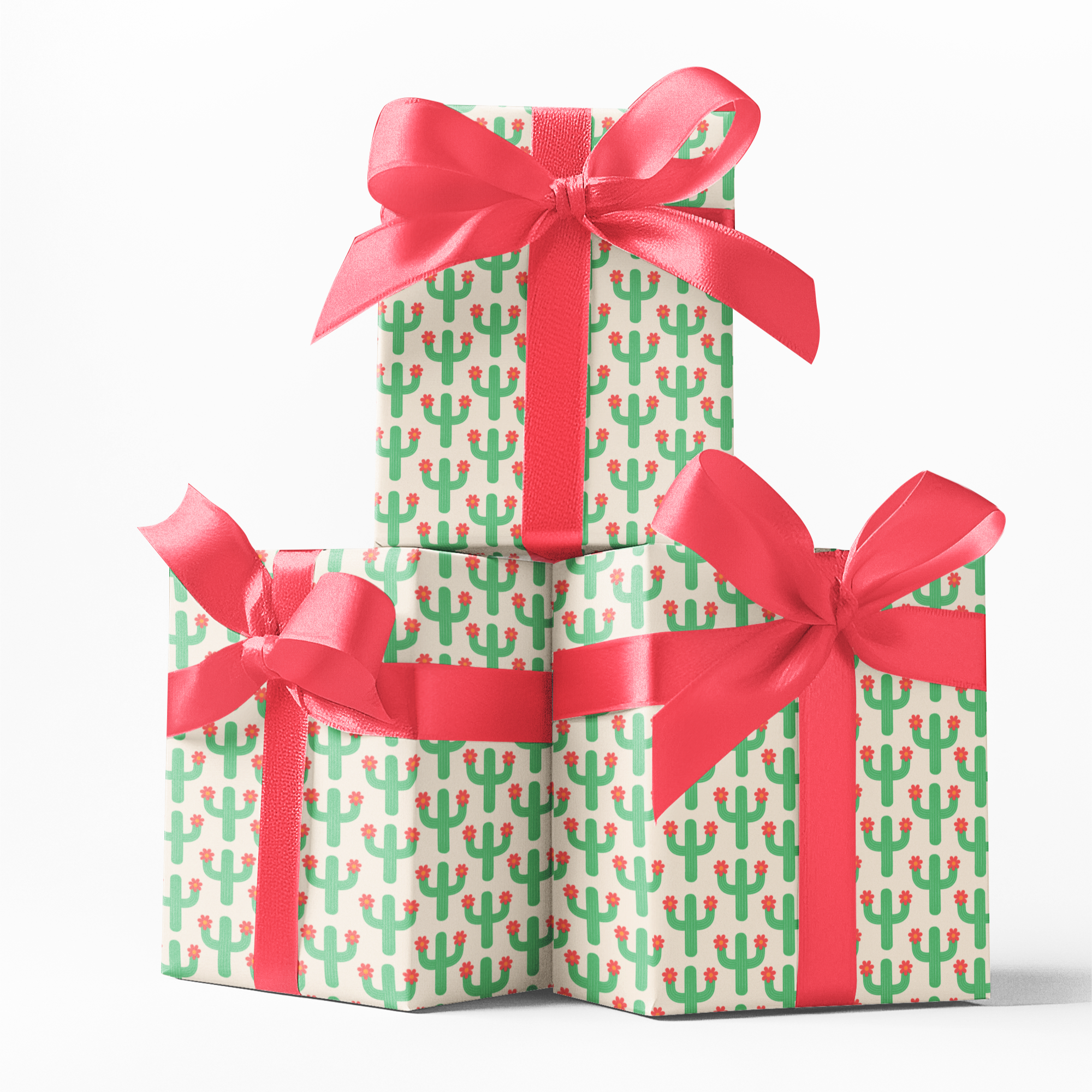 gift wrap paper with cactus pattern and red bows on a white background