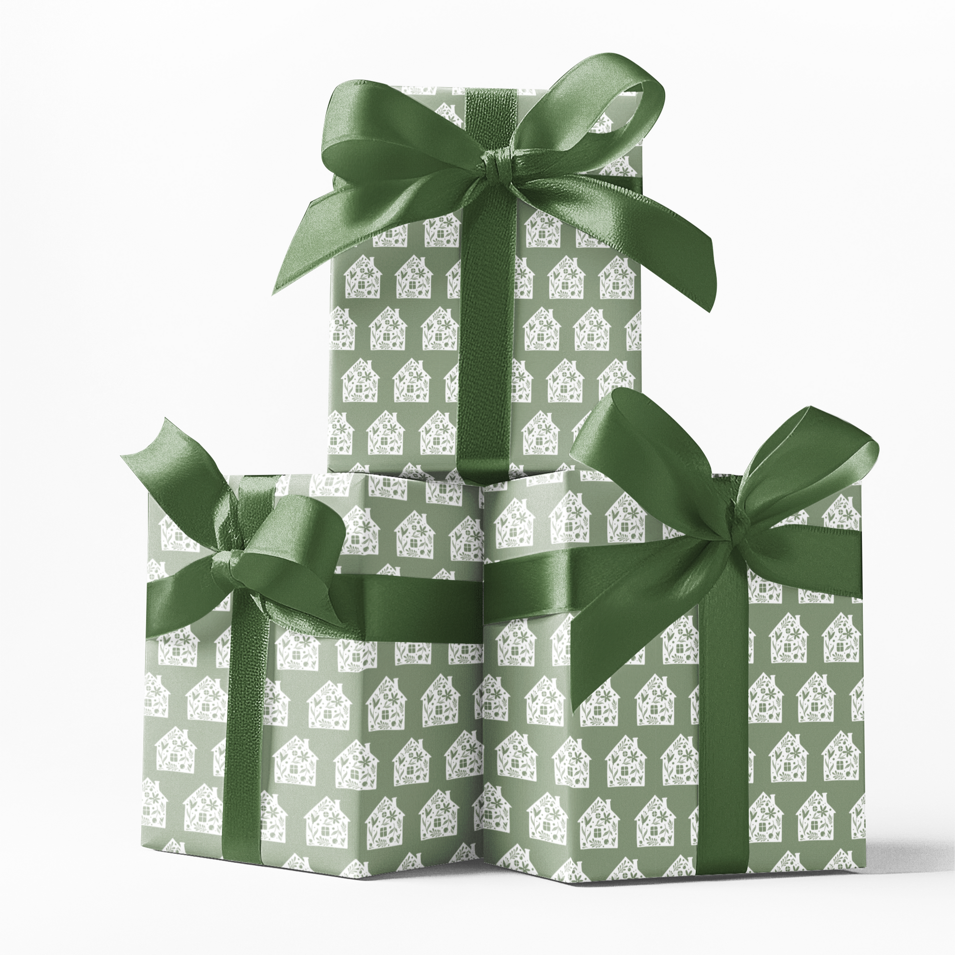 house themed gift wrapping paper in green 