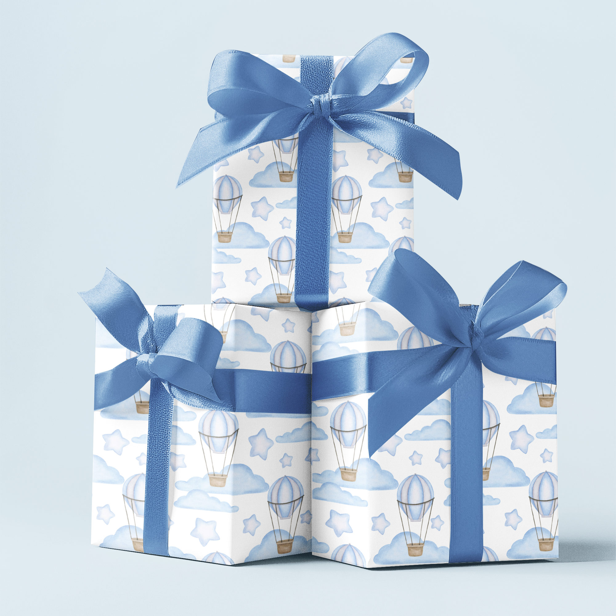 large gift boxes with baby blue hot air balloon design