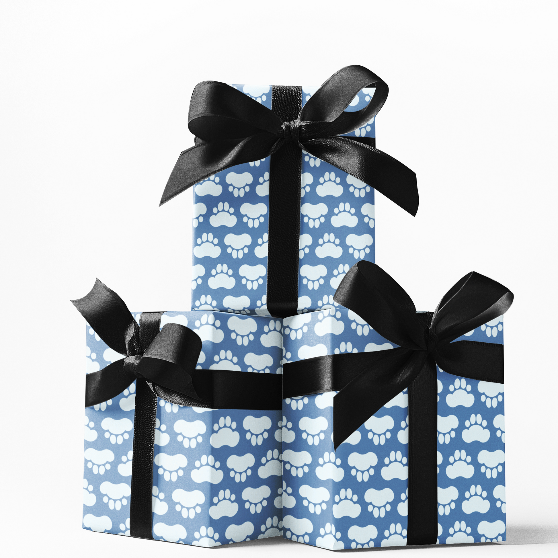 Two gift boxes with blue paw print pattern and black ribbons on a white background