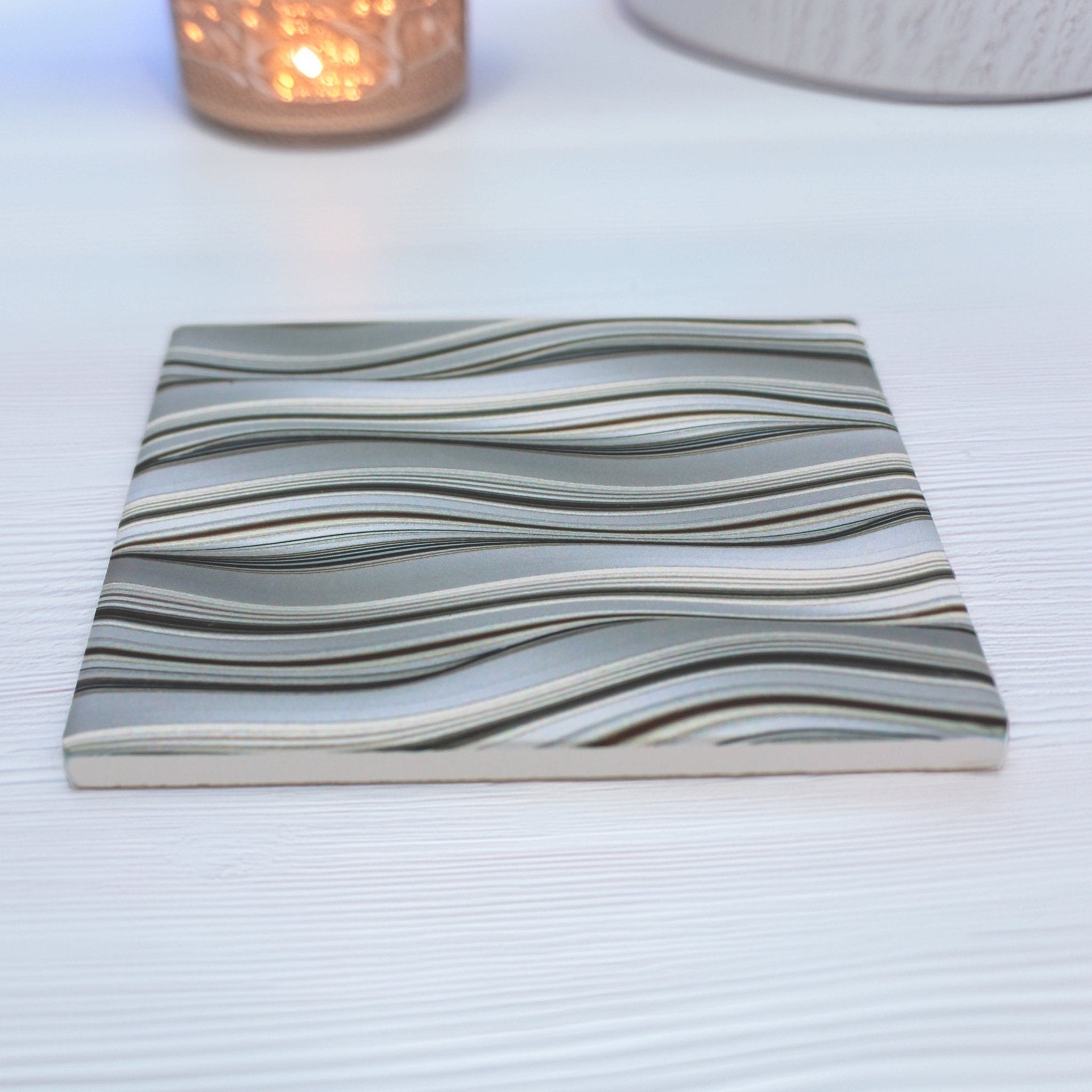 Grey Waves Pattern Ceramic Coaster - Mac and Lilly