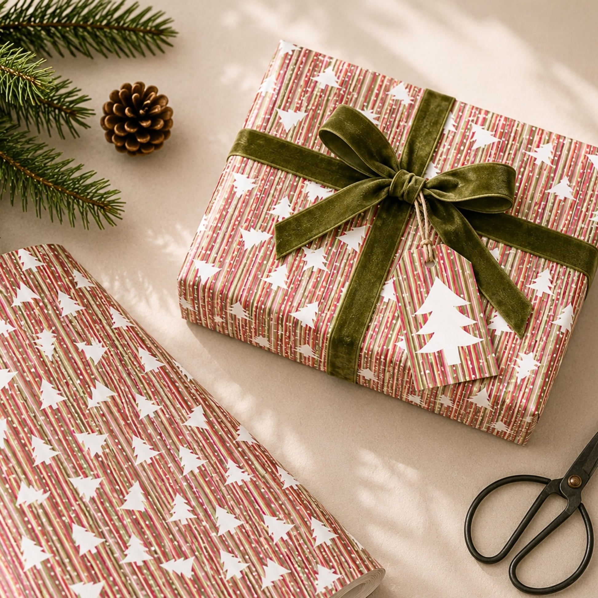 Festive Stripe Christmas Tree Gift Wrapping Paper - Mac and Lilly