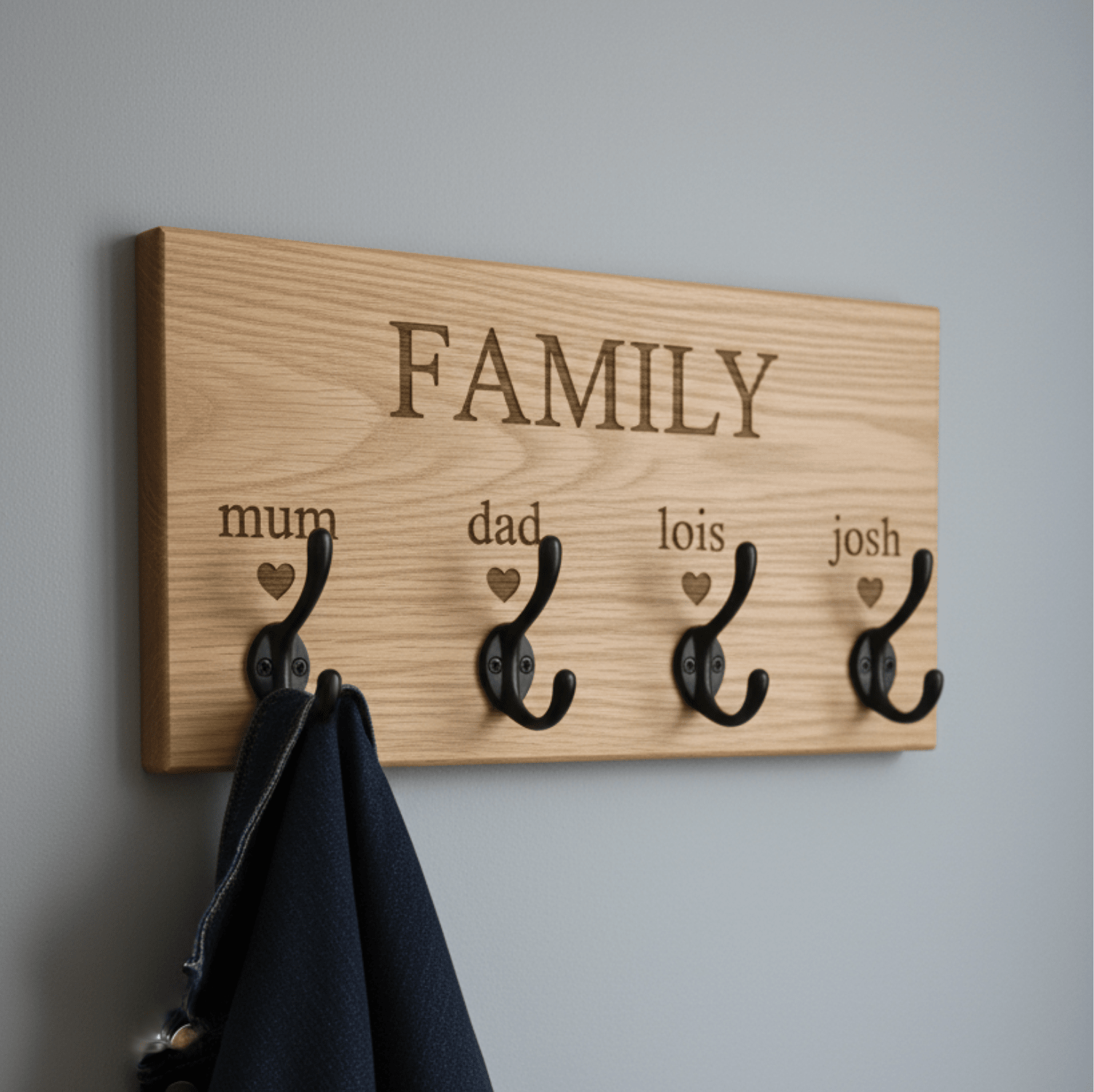 Personalised Family Coat Hook - Oak or Walnut - Mac and Lilly