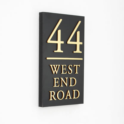 Matte Black Portrait House Sign with Parallel  Line, Available in Gold , Silver or Wood Effect Lettering