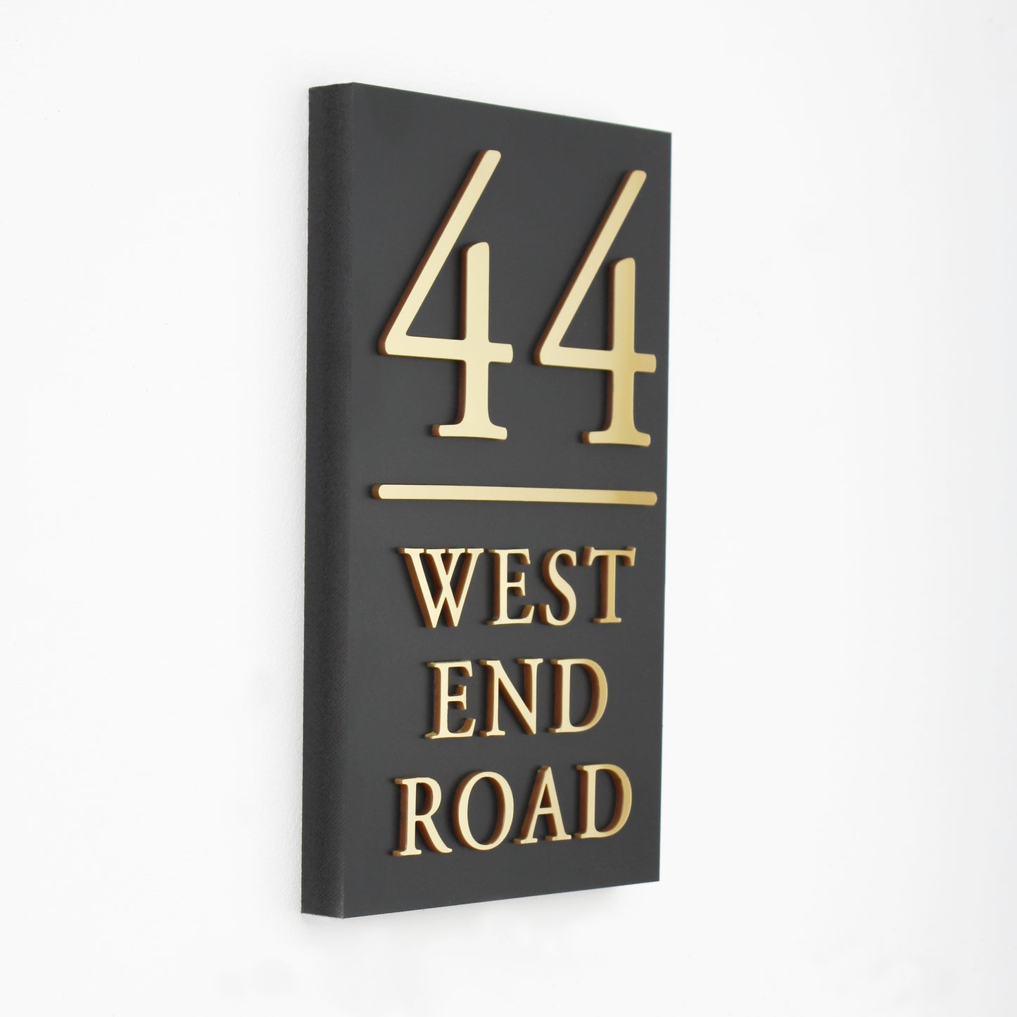 Matte Black Portrait House Sign with Parallel  Line, Available in Gold , Silver or Wood Effect Lettering