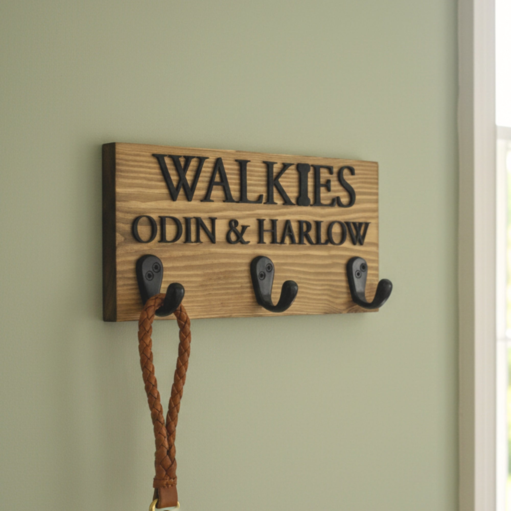 Personalised Solid Wood Dog Lead Hook - Mac and Lilly