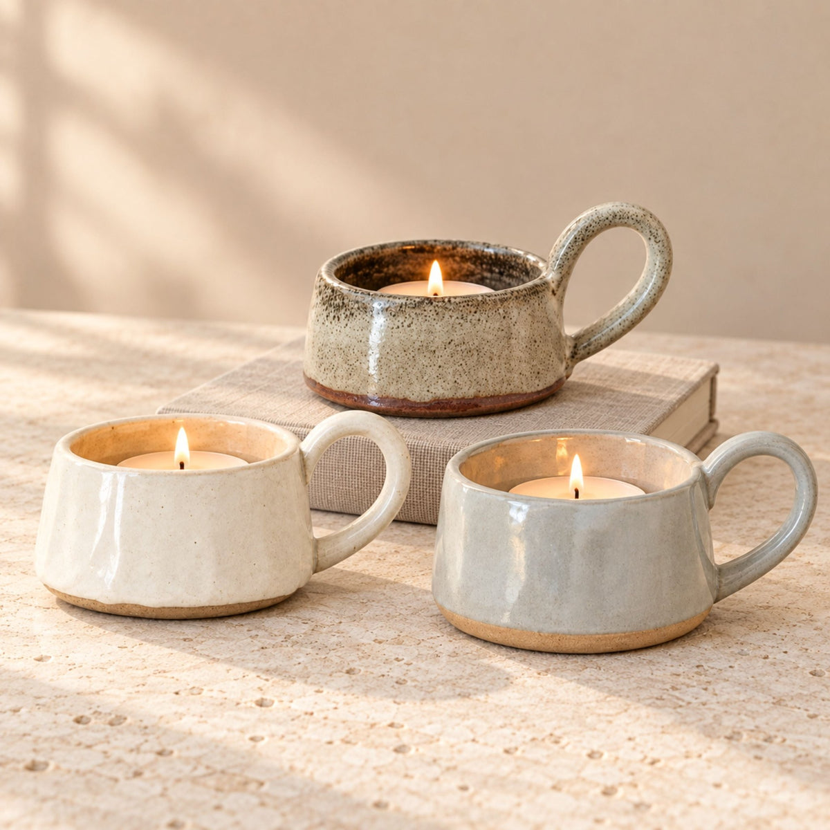 Ceramic Glazed Tea Light Holder with a Handle - Mac and Lilly