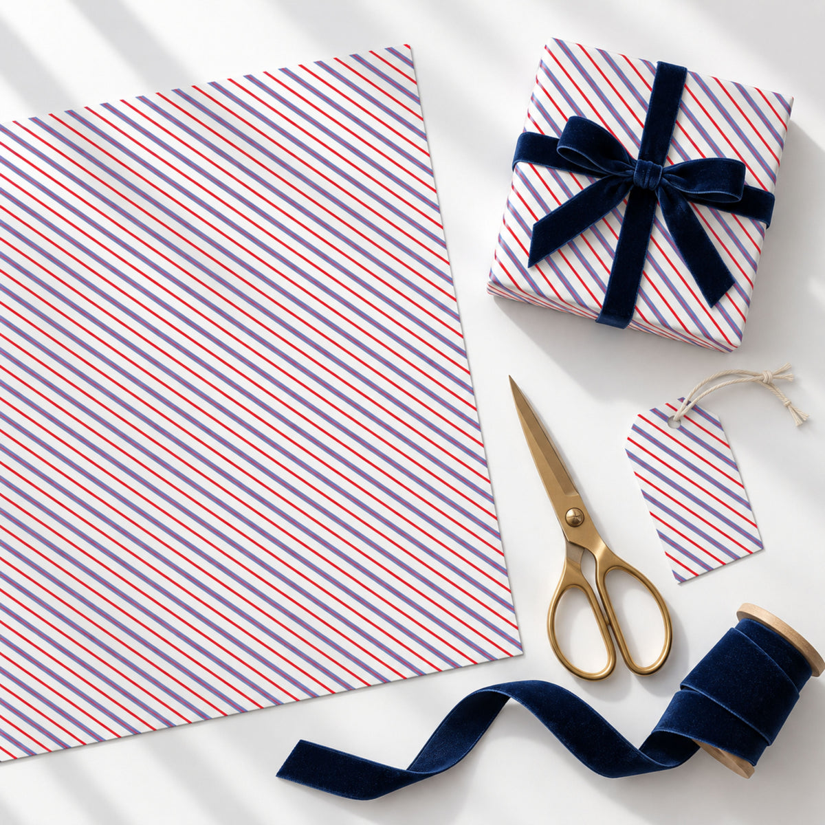 Red & Blue Stripe Wrapping Paper | Large 50 × 85cm Sheets | 140gsm | Matching Gift Tags