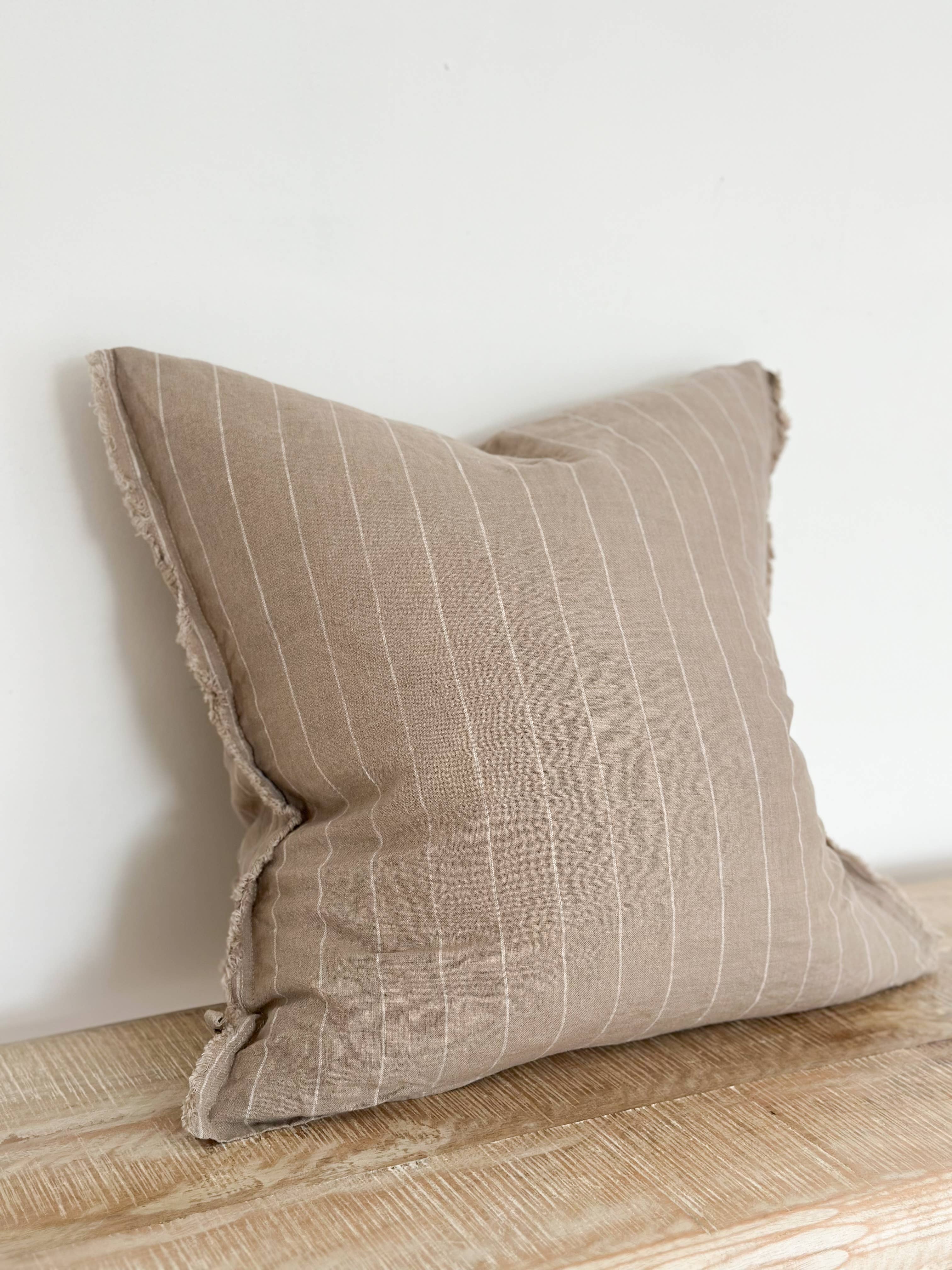 Mushroom & Cream Stripe Linen Cushion with Frayed Edges