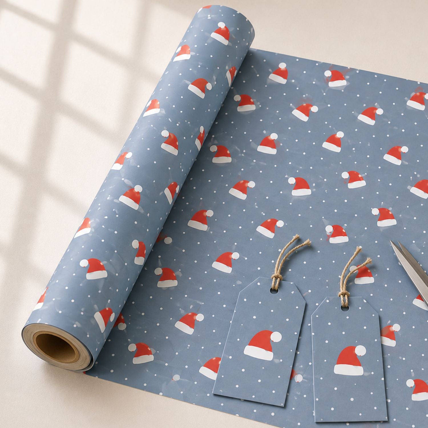 Large Santa hat Christmas wrapping paper with red hats and white snowflakes on a blue background