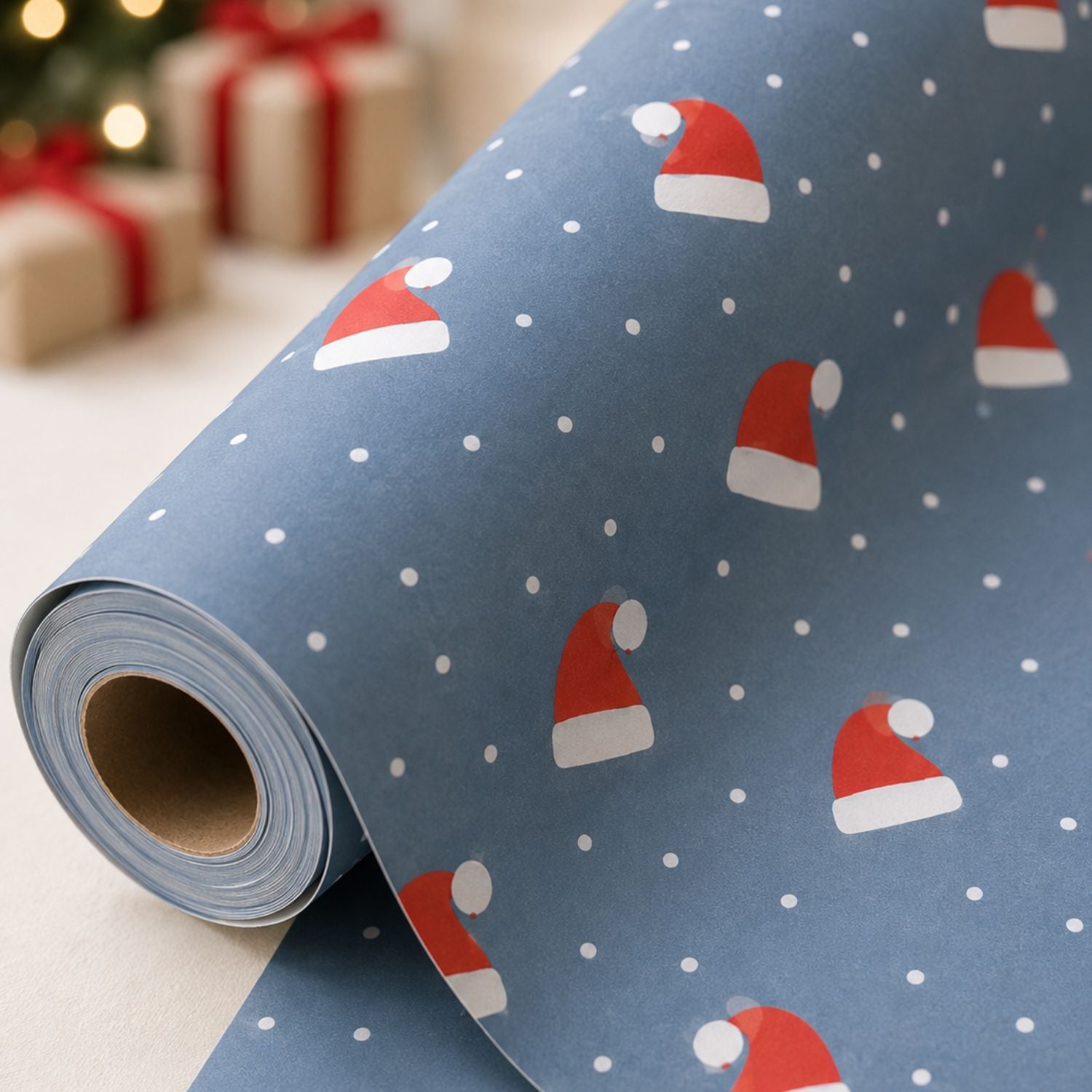 Roll of blue Christmas wrapping paper with playful red Santa hats and white snowflakes