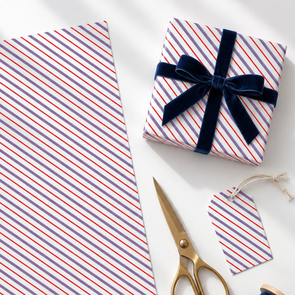 Red & Blue Stripe Wrapping Paper | Large 50 × 85cm Sheets | 140gsm | Matching Gift Tags - Mac and Lilly