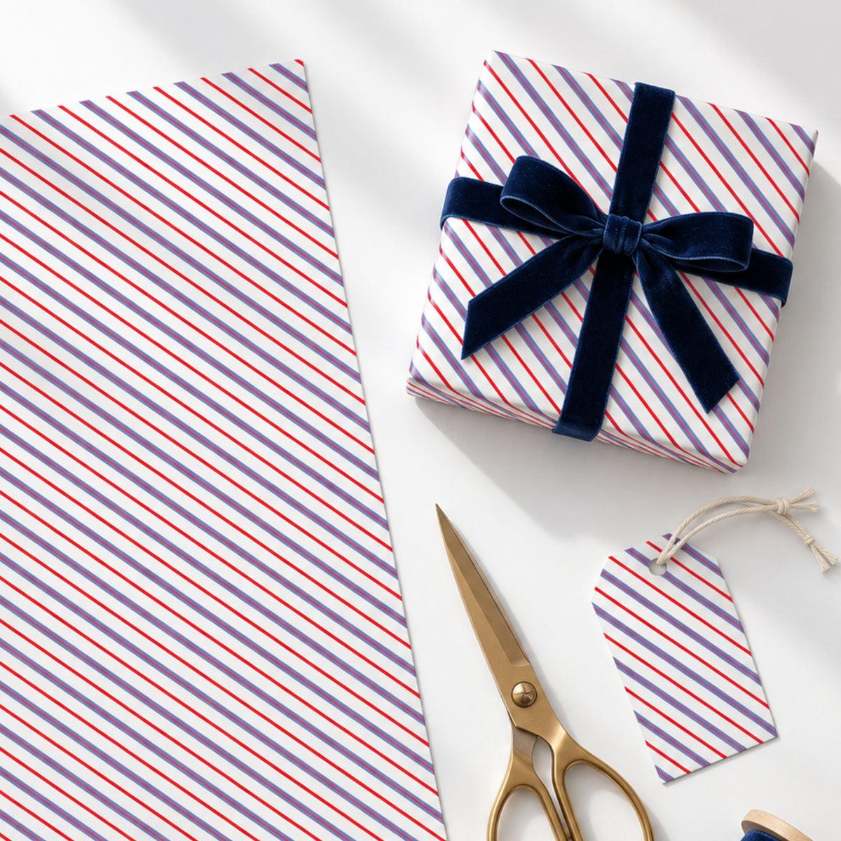 Red & Blue Stripe Wrapping Paper | Large 50 × 85cm Sheets | 140gsm | Matching Gift Tags