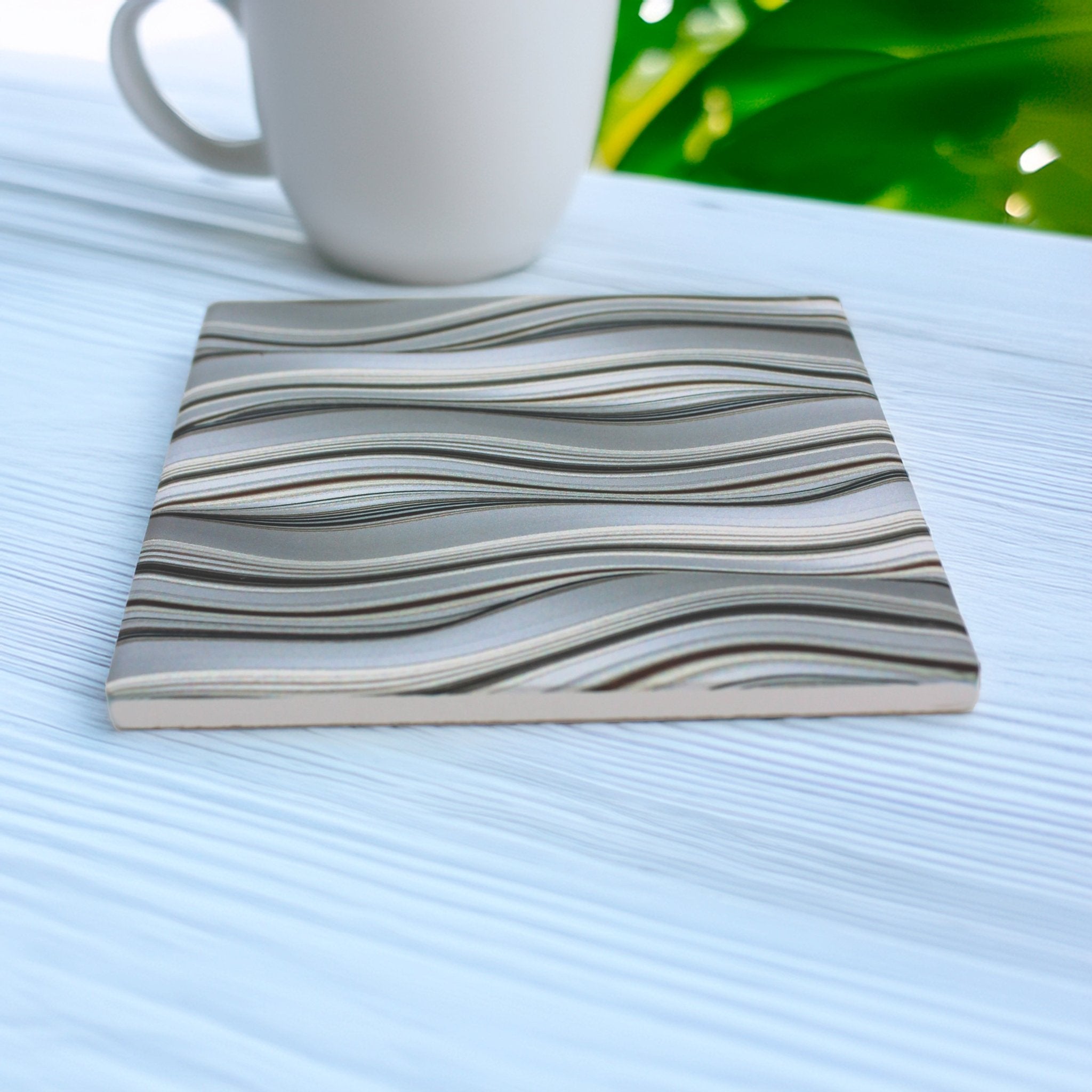Grey Waves Pattern Ceramic Coaster - Mac and Lilly