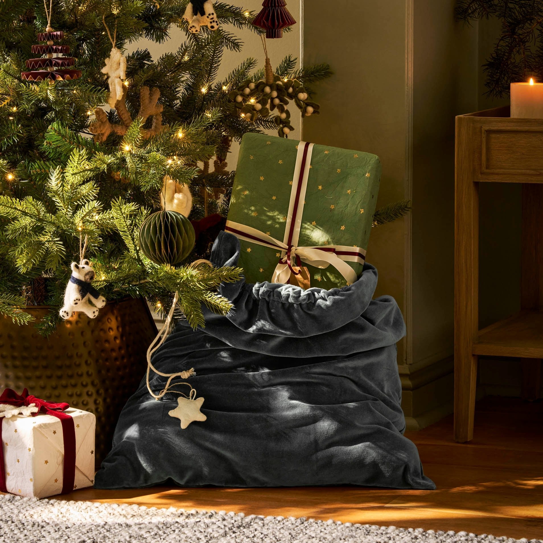 Large Velvet Christmas Sack in Green - Mac and Lilly
