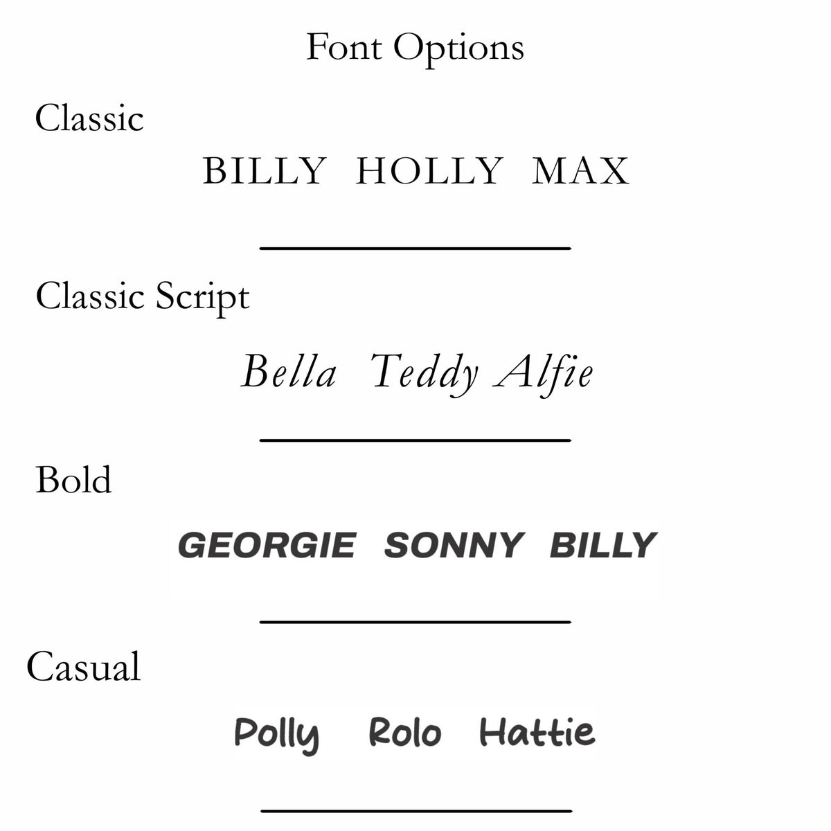 Four font choices for personalised wooden dog toy boxes