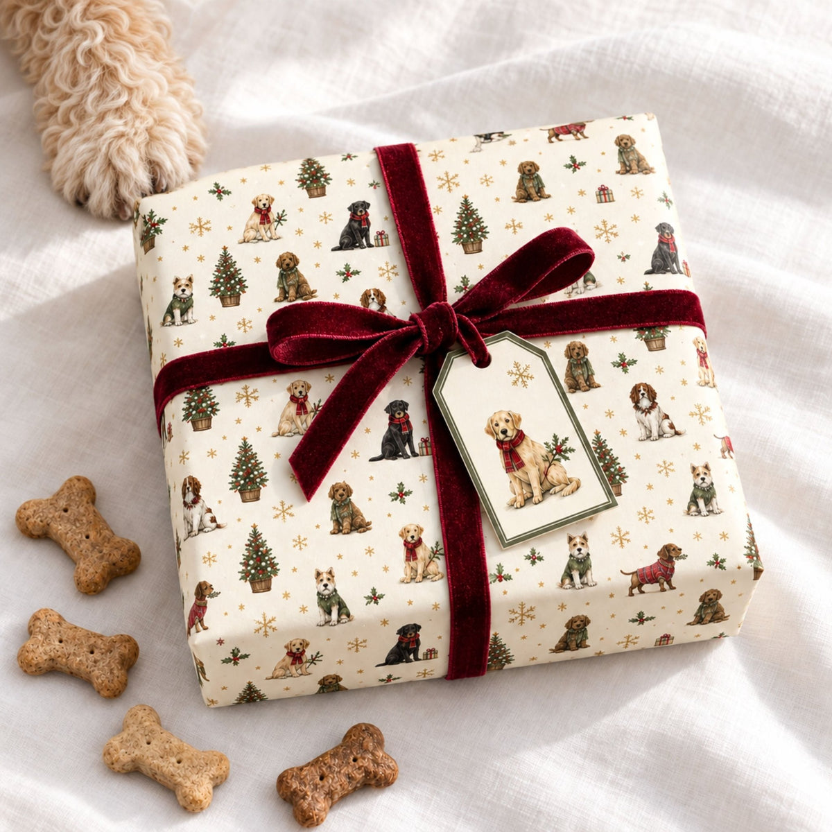 Festive Dog Christmas Wrapping Paper | Large 50 x 85cm Sheets | 140gsm | Matching Gift Tags - Mac and Lilly