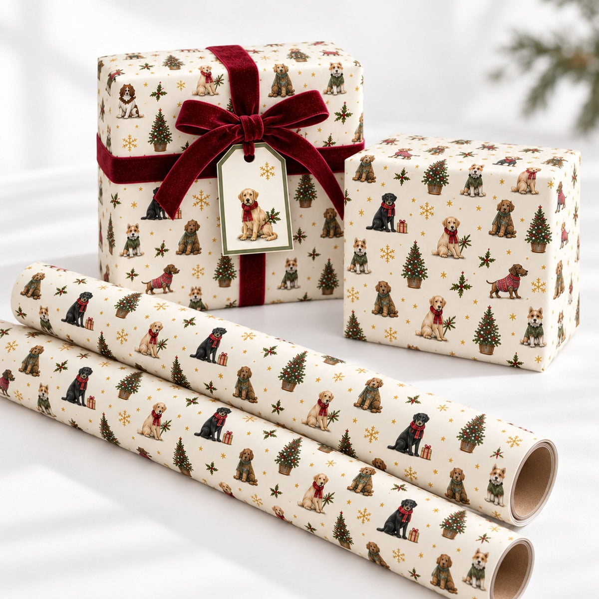 Festive Dog Christmas Wrapping Paper | Large 50 x 85cm Sheets | 140gsm | Matching Gift Tags - Mac and Lilly