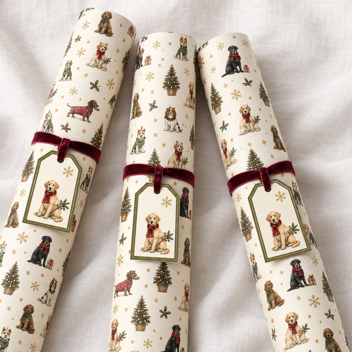 Festive Dog Christmas Wrapping Paper | Large 50 x 85cm Sheets | 140gsm | Matching Gift Tags - Mac and Lilly