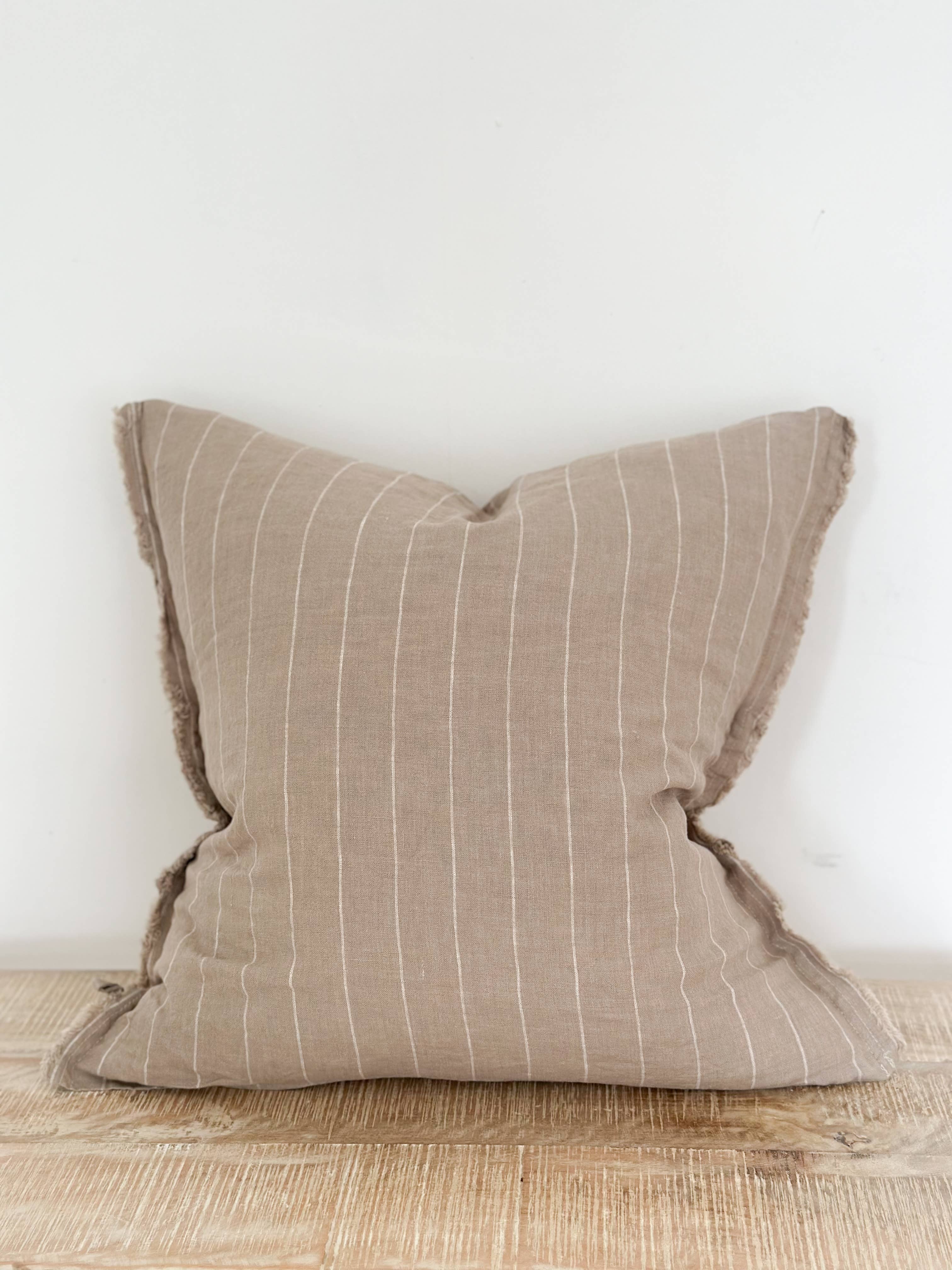 Mushroom & Cream Stripe Linen Cushion with Frayed Edges