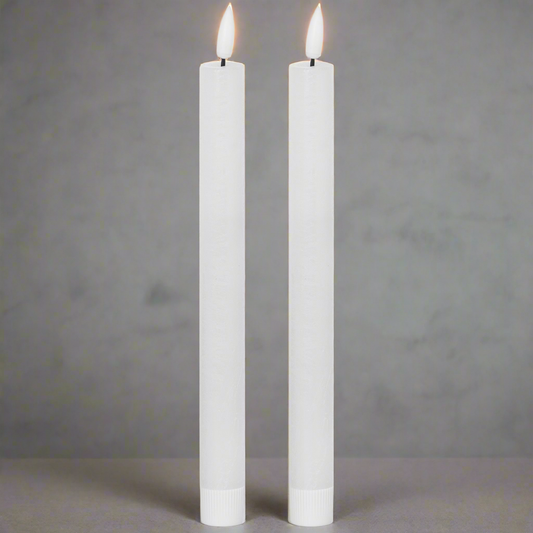 "Set of two real wax battery-operated dinner candles, featuring a built-in timer for automatic daily lighting."