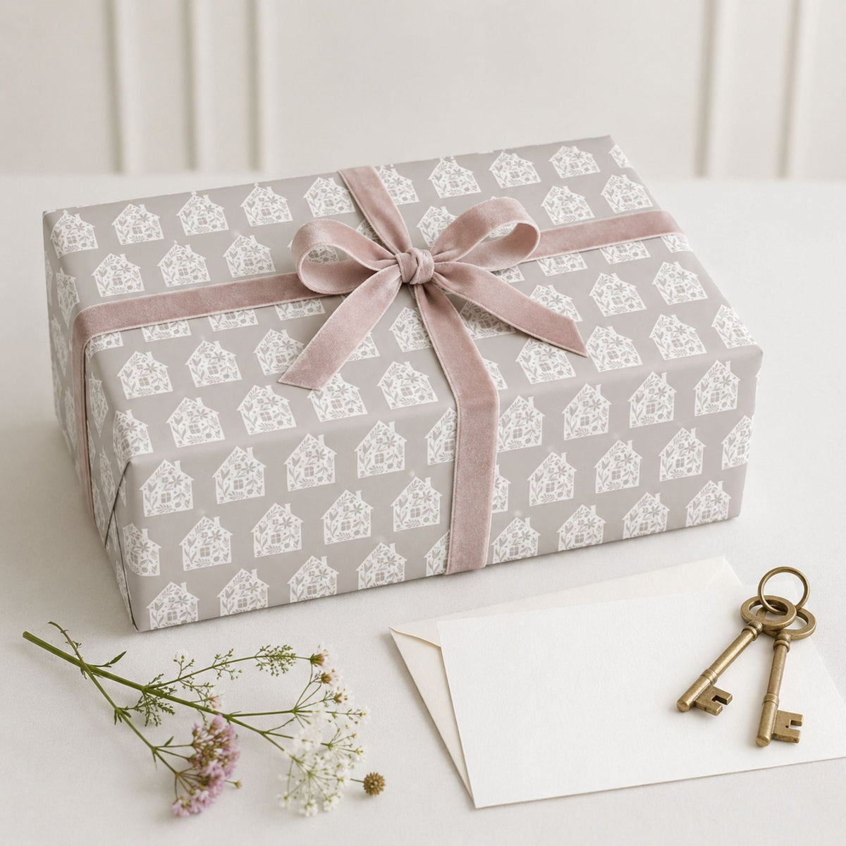 Sand New Home gift wrap with soft pink ribbon and housewarming card