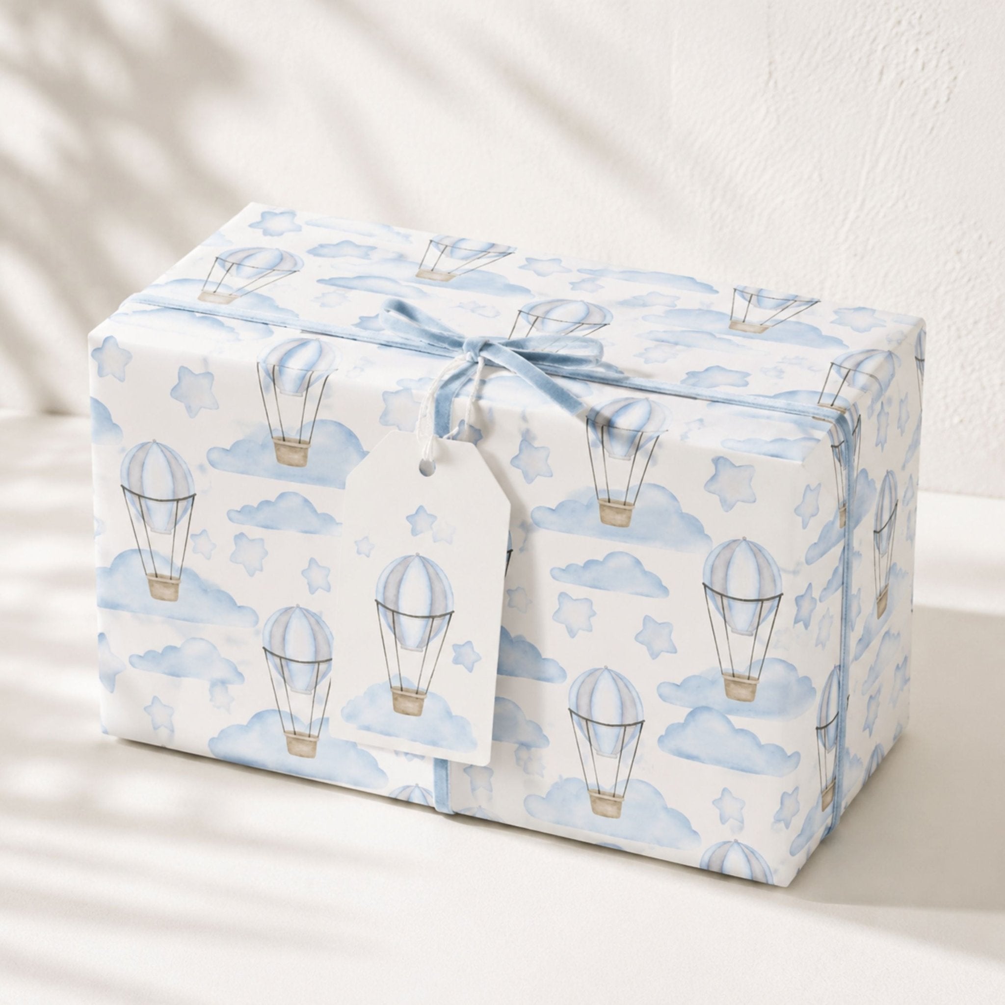 Blue Hot Air Balloon gift wrapped with coordinating ribbon