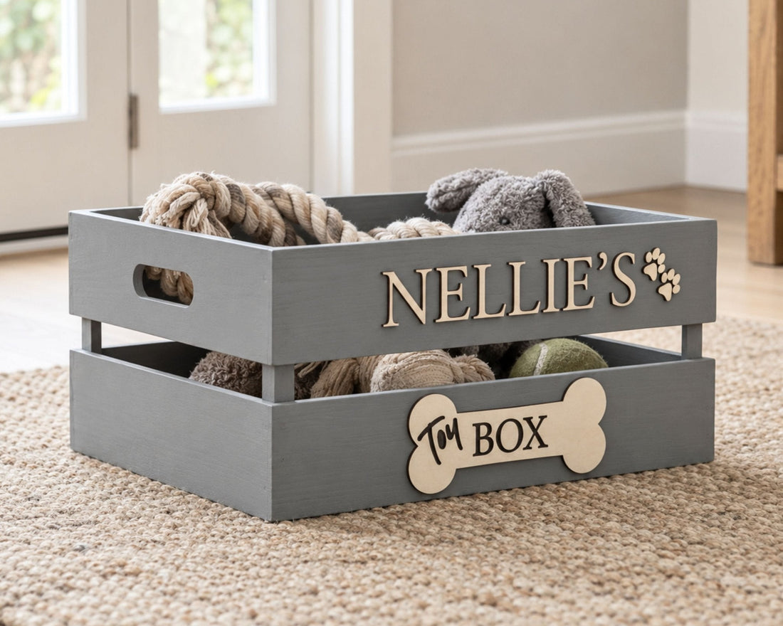 Grey personalised dog toy box styled with neutral dog toys