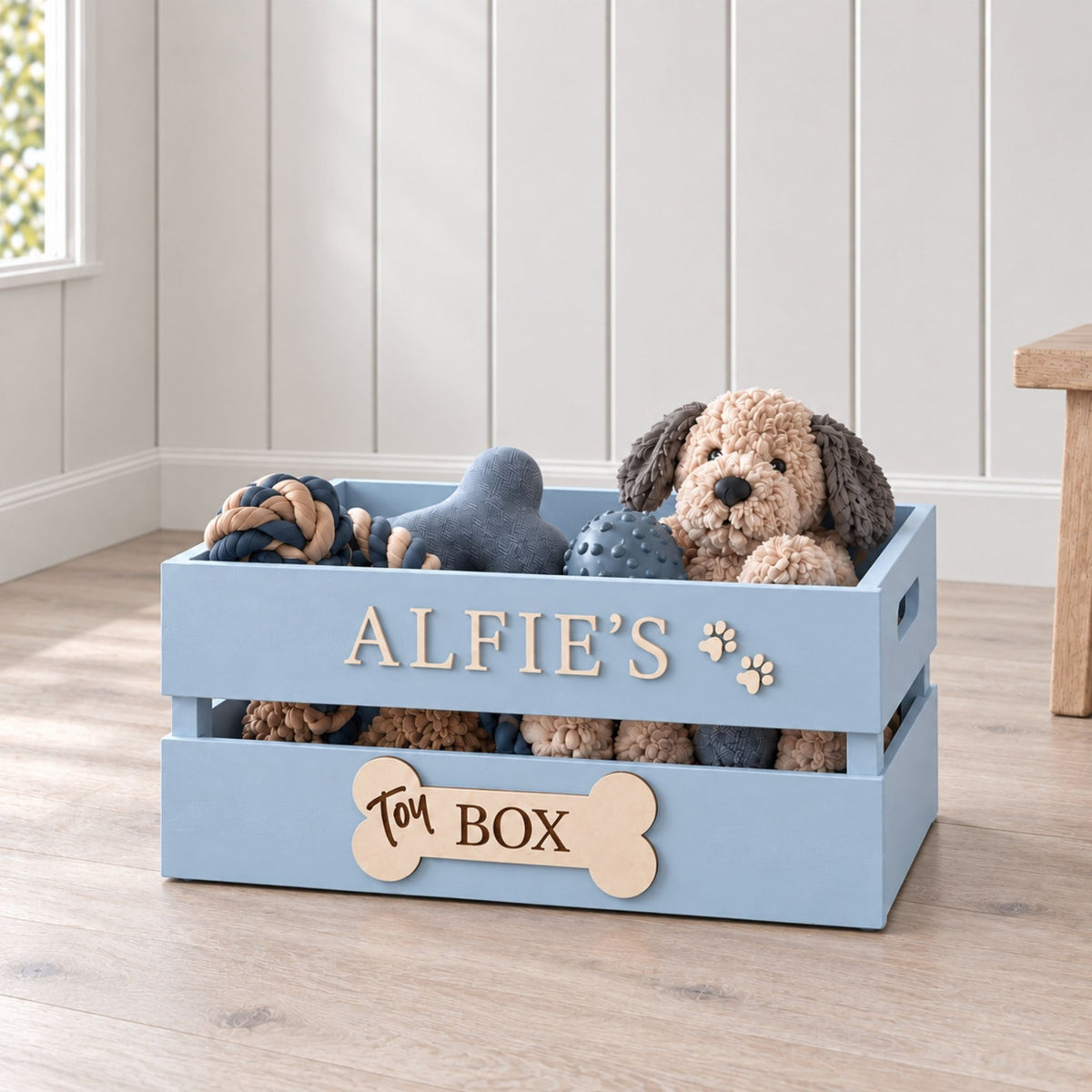 Pale blue personalised wooden dog toy box with Alfie’s name