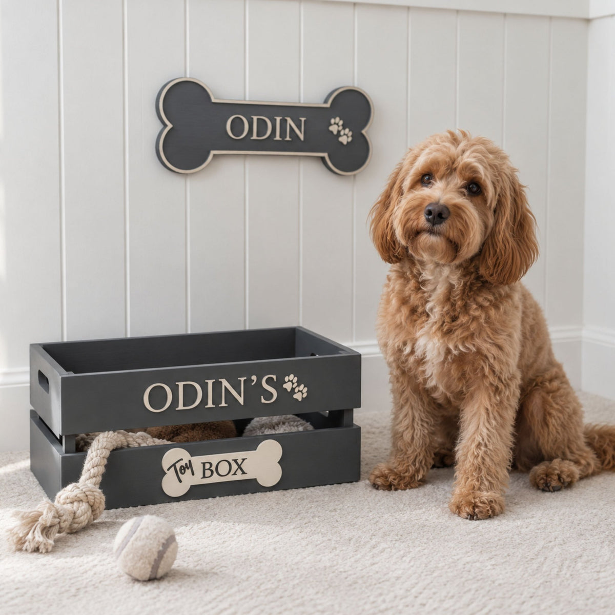Personalised wooden Odin dog toy box styled beside a dog