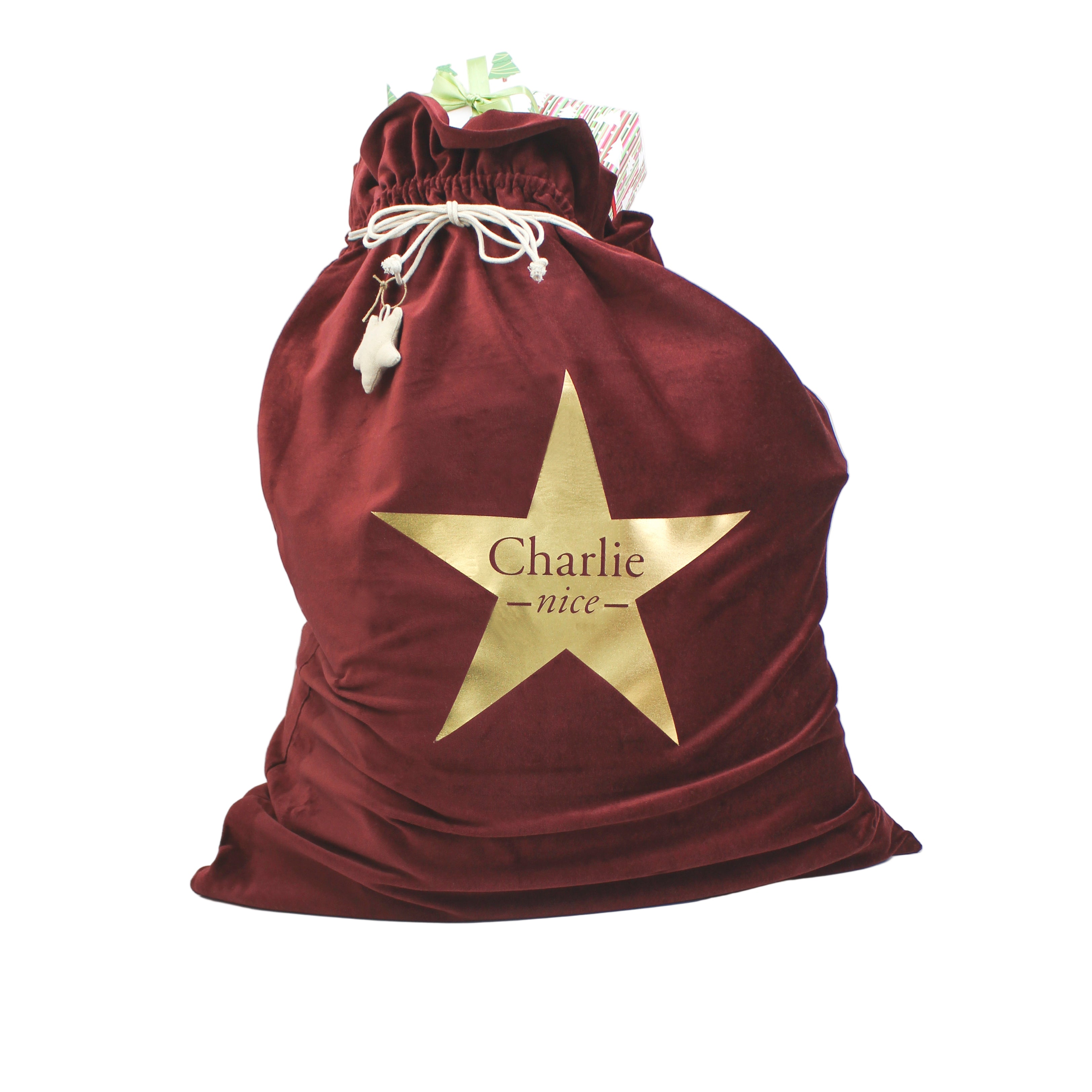 Large Personalised Velvet Christmas Sack – Berry & Gold Star