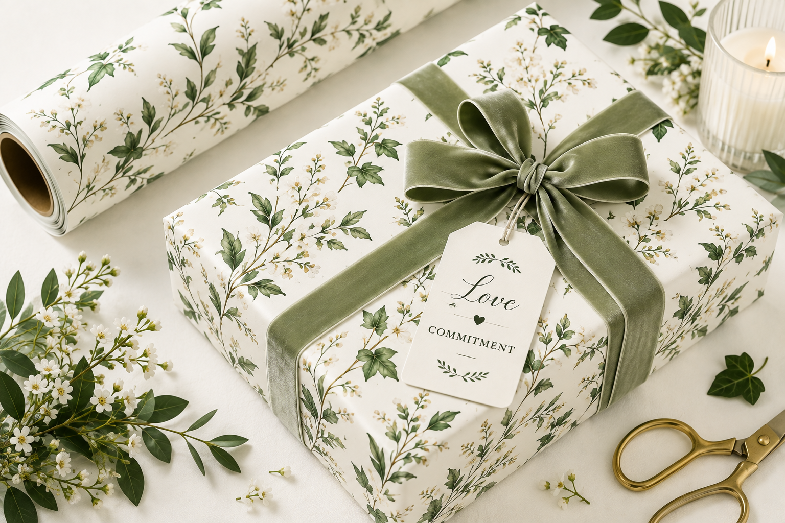 Wedding gift wrapped in green botanical floral wrapping paper with sage velvet ribbon and matching gift tag