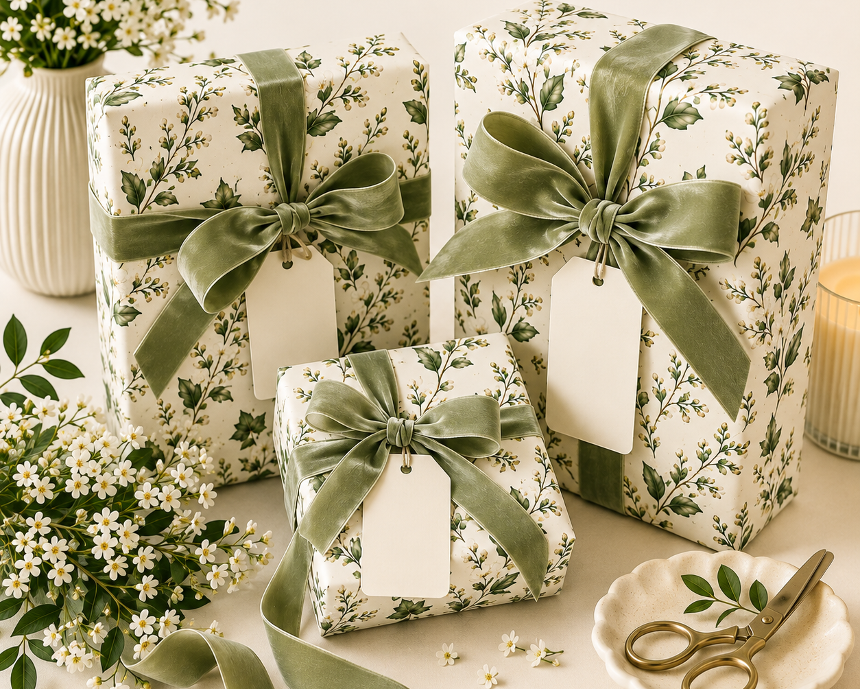 Wedding gifts wrapped in green botanical floral wrapping paper with sage velvet bows and matching gift tags