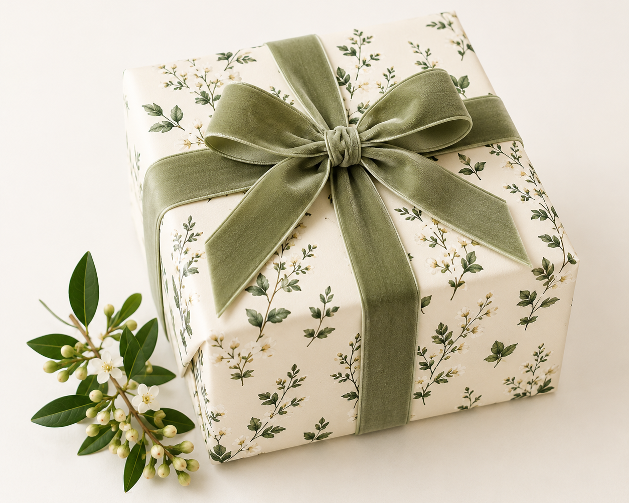 Green floral botanical wrapping paper with sage velvet ribbon, premium 140gsm gift wrap with matching tags