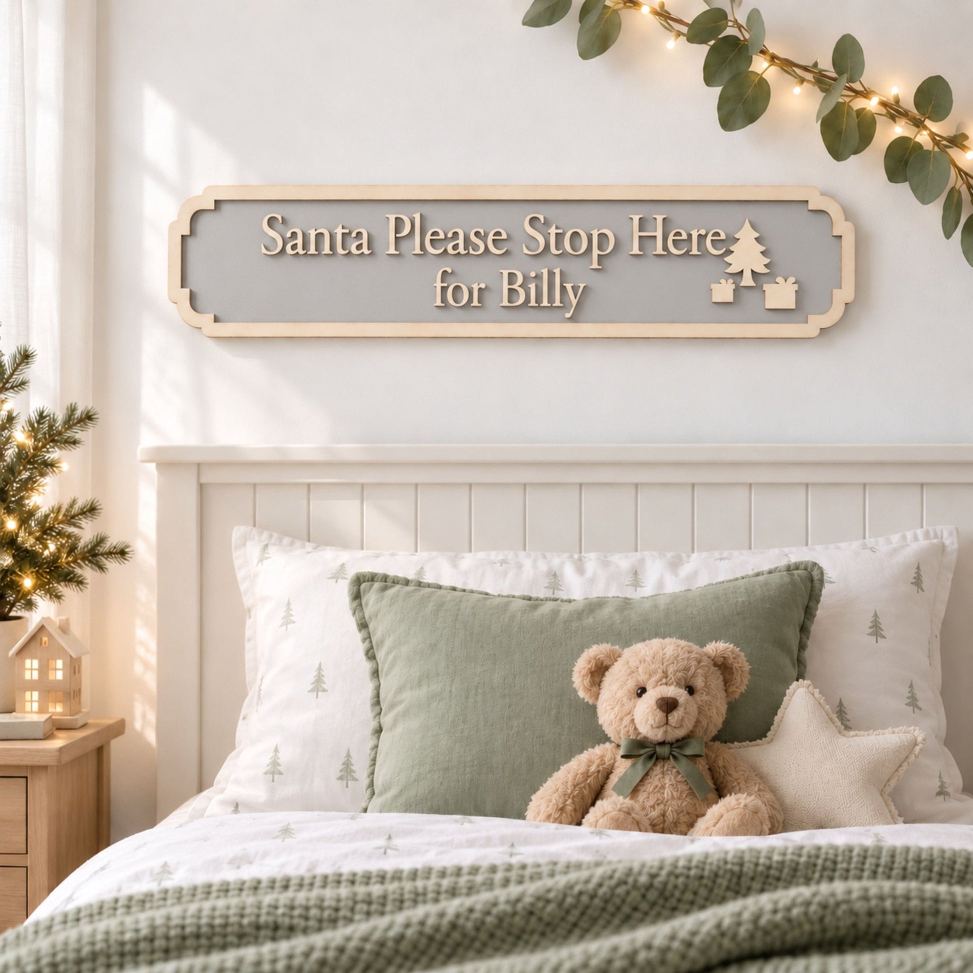 Personalised “Santa Please Stop Here for Billy” Christmas sign above a child’s bed with a teddy bear and soft green bedding.