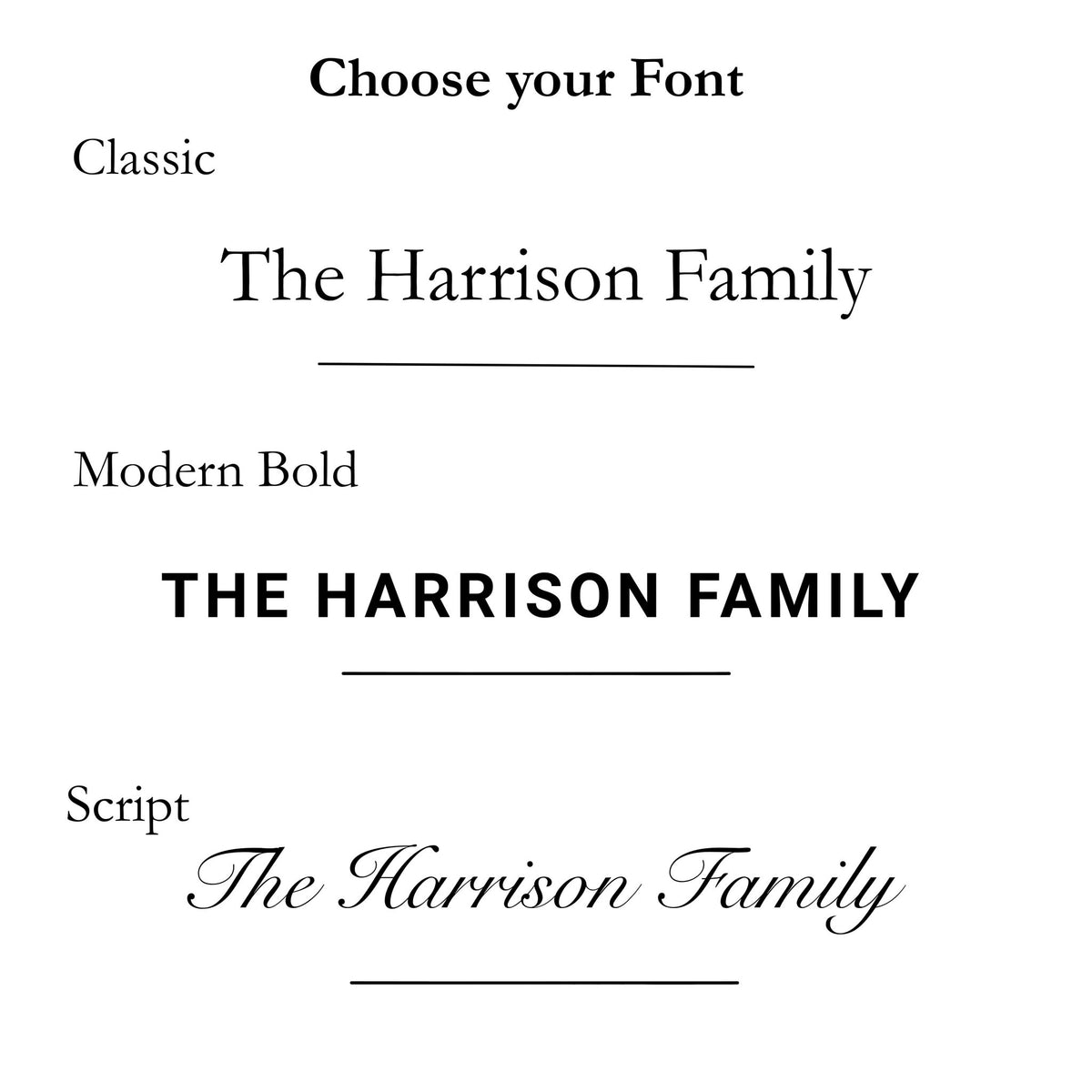 Three font options for personalised signs: Classic, Modern Bold and Script, shown with “The Harrison Family”.