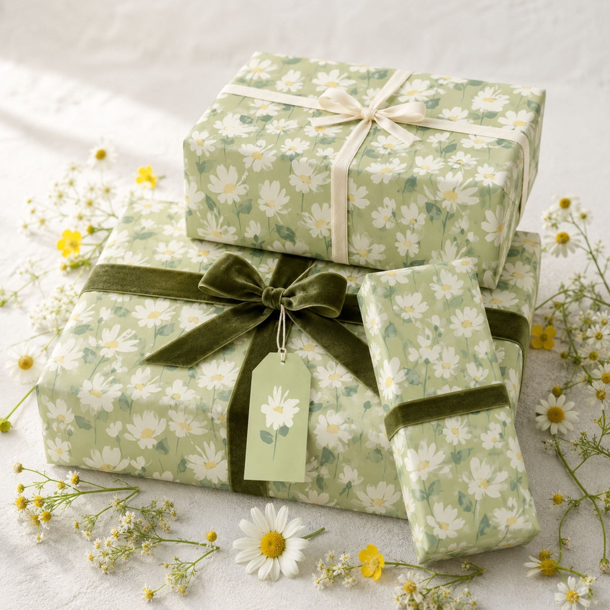 Daisy floral wrapping paper styled with matching green ribbon