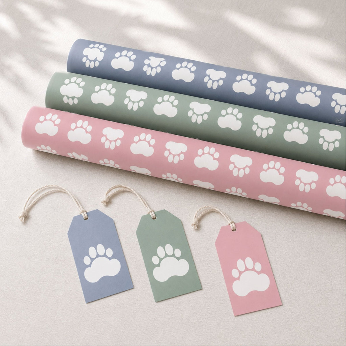 Dog paw wrapping paper rolls in blue pink and green with matching gift tags