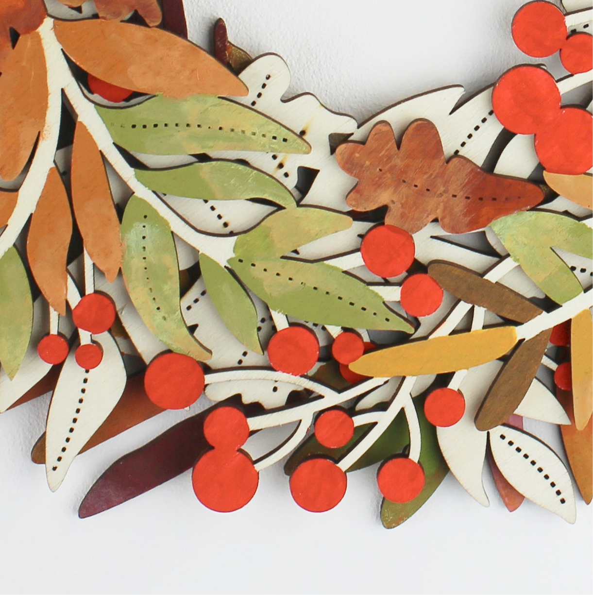 Hand painted Autumn Wooden Wreath – Rustic Wall Decor with Red Berries