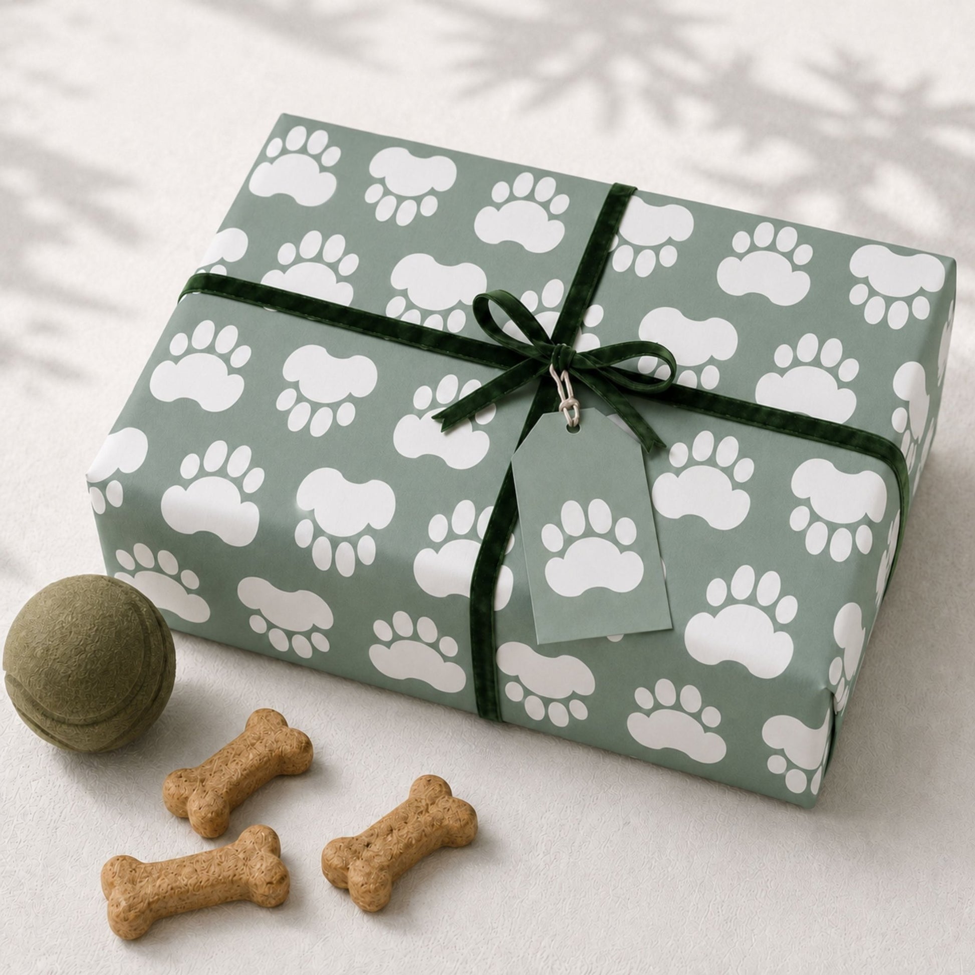 Green dog paw gift wrap with matching ribbon and dog treats
