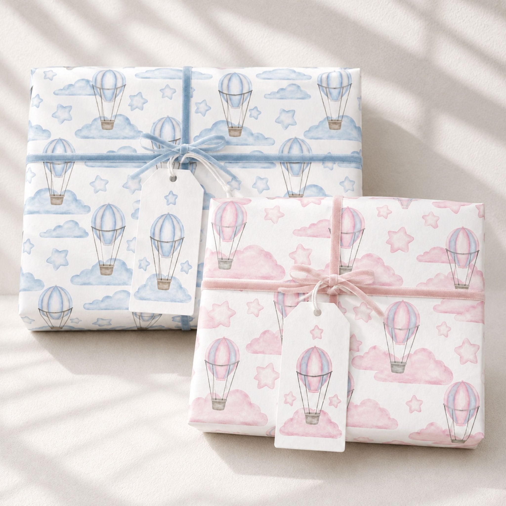 Pink and blue Hot Air Balloon wrapping paper for baby gifts